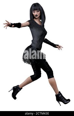 Teen Witch, Urban Fantasy Goth Academy Asian Teen, 3D-Rendering, 3D-Illustration Stockfoto