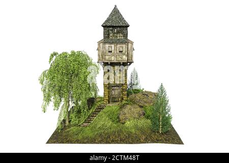 Medieval Fantasy Watchtower, 3D-Illustration, 3D-Rendering Stockfoto