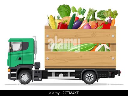 LKW-Auto voller Gemüse-Produkte. Shop und Bauernhof liefern Service, frisches Gemüse. Lieferung und Verkauf von natürlichen veganen landwirtschaftlichen Lebensmitteln Konzept. Fracht und Logistik. Cartoon flache Vektor-Illustration Stock Vektor