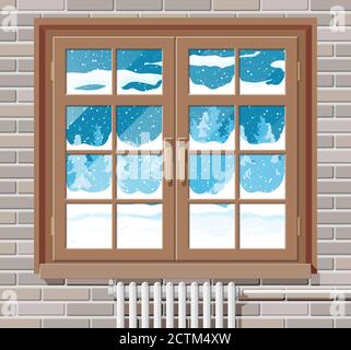 Winterfenster mit Ziegelwand, Blick vom Zimmer. Leerer Schweller. Warme, gemütliche Einrichtung. Weihnachtliche Landschaft, Hügel, Schnee, Fichtenwald und fallender Schnee. Cartoon flache Vektor-Illustration. Stock Vektor