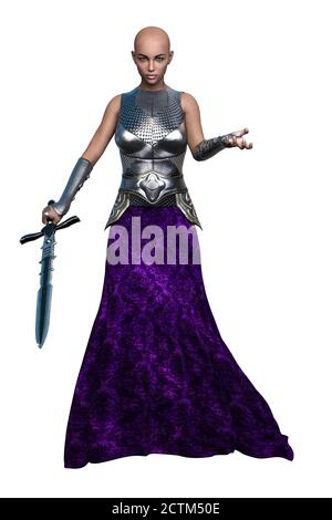 POC Medieval Fantasy Warrior Woman mit Schwert auf isoliertem weißem Hintergrund, 3D-Illustration, 3D-Rendering Stockfoto