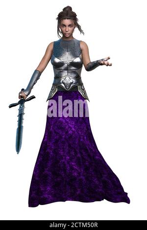 POC Medieval Fantasy Warrior Woman mit Schwert auf isoliertem weißem Hintergrund, 3D-Illustration, 3D-Rendering Stockfoto