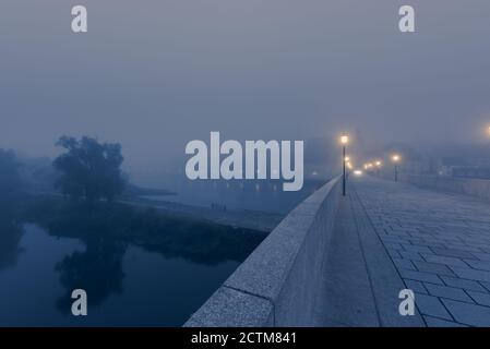 Steinerne Brücke in Regensburg am Morgen im Herbst mit Nebel Stockfoto