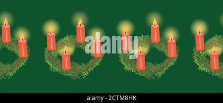 Weihnachtskranz nahtlose Grenze. Vier Adventskerzen auf Weihnachtskranz wiederholendes Muster. Handgezeichnete Urlaubsdarstellung. Stockfoto