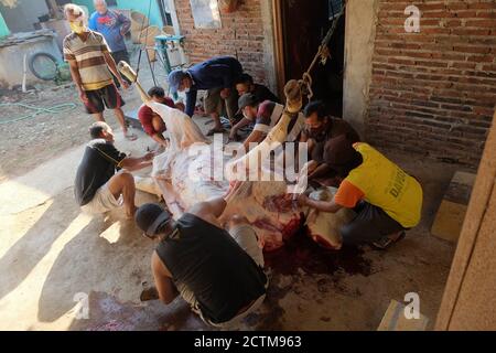 Purbalingga, Indonesien - Juli 31 2020: Schlachtprozess auf qurban eid Al adha, die Schlachter mit Maske während des Prozesses. Stockfoto