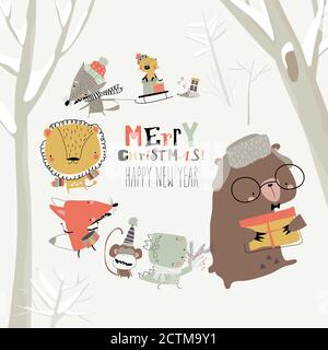 Cartoon glückliche Tiere feiern Weihnachten im Wald Stock Vektor