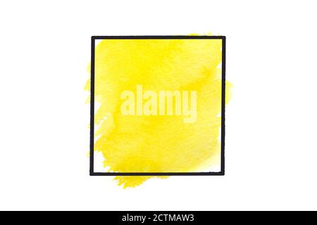 Gelbe Pinselstriche Aquarellfarbe in schwarz Ruhm isoliert auf weißem Hintergrund. Speicherplatz kopieren. Stockfoto