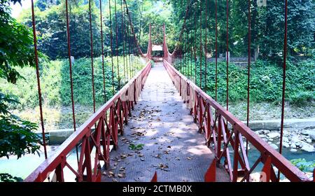 Bogor, Indonesien - 20. Oktober 2019: Hängebrücke (jembatan gantung) im Botanischen Garten Bogor in West-Java. Stockfoto