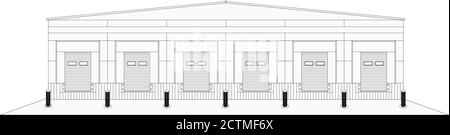 Großes Distributionslager mit Toren zum Verladen von Waren. Stock Vektor