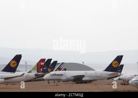 Teruel, Spanien. September 2020. Am Flughafen Teruel ist ein Airbus A380 der Lufthansa geparkt. Aufgrund des geringen Interkontinentalverkehrs hat Lufthansa ihre größten A380-Flugzeuge seit langem gemottet. Der Flughafen Teruel wird als großer Parkplatz für Flugzeuge verschiedener internationaler Fluggesellschaften genutzt, deren Flugverkehr aufgrund der Corona-Pandemie drastisch zurückgegangen ist. Kredit: Javier Escriche/dpa/Alamy Live Nachrichten Stockfoto