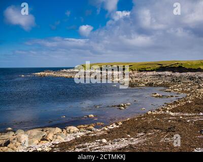 Der unberührte, menschenleere, felsige Strand von Salt Wick an einem ruhigen Sommertag - in der Nähe von Aywick an der Ostküste der Insel Yell in Shetland, Großbritannien. Stockfoto