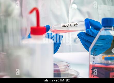 Probenflaschen mit SARS-COV-1, kalt in einer Labor-epiedomologischen Studie mit SARS-CoV-2 Covid-19 vorbereitet, konzeptionelles Bild Stockfoto