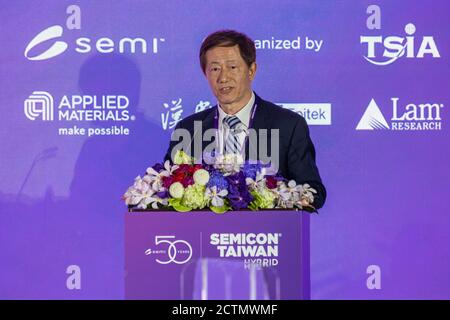 Taipeh, Taiwan. September 2020. Mark Lui, Executive Chairman bei TSMC (Taiwan Semiconductor Manufacturing Company), spricht auf der SEMICON 2020.SEMICON Taiwan ist die einzige professionelle Halbleitermesse in Taiwan und die zweitgrößte der Welt, so Veranstalter Semi Taiwan. Kredit: SOPA Images Limited/Alamy Live Nachrichten Stockfoto