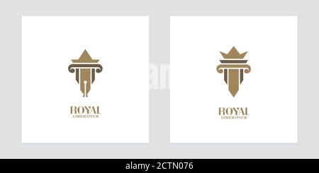 Füllfederhalter und antike Säulen-Symbole. Logo-Design für Anwaltskanzleien und Museen. Stock Vektor