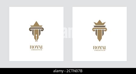 Füllfederhalter und antike Säulen-Symbole. Logo-Design für Anwaltskanzleien und Museen. Stock Vektor