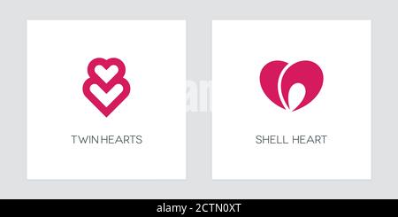 Verflochtene Herzen und Herz in zwei Hälften auf weißem Hintergrund geteilt. Herzlogo-Design. Stock Vektor