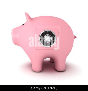 Sparschwein mit Zahlenschloss, weißer Hintergrund Stockfoto