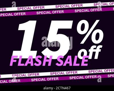 Flash-Angebot, Sonderangebot 15 % Rabatt. Verkauf Band Band und Text auf schwarzem Hintergrund. Schwarzer freitag. Design für Werbeartikel, Gutscheine und Geschenkkarten. V Stock Vektor