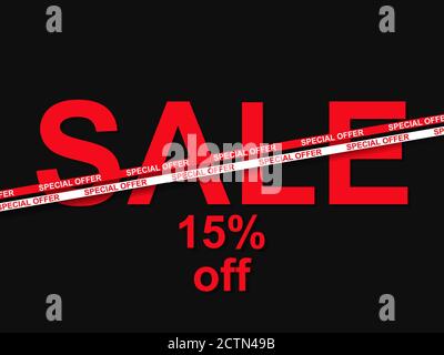 Sonderangebot, Sonderangebot 15 % Rabatt. Verkauf Band Band auf schwarzem Hintergrund. Schwarzer freitag. Design für Werbeartikel, Banner, Gutschein und Geschenkkarten. Vektor Stock Vektor