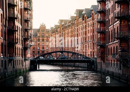 Das Lagerviertel oder Speicherstadt. Wandrahmsfleet Kanal. Stockfoto