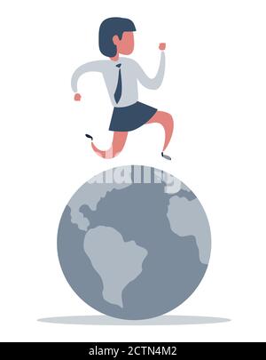 Eine geschäftige Geschäftsfrau, die auf einem Globus läuft. Grautöne. Stock Vektor