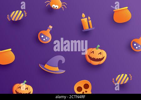 Halloween Element Objekt in Papierkunst Stil auf lila Hintergrund. Stock Vektor