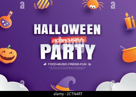 Halloween Party Einladung mit Papierkunst Element Design für Grußkarte, Banner, Poster, Einladung. Stock Vektor