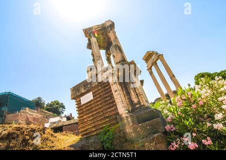 Detailansicht auf die Details des Forum Romanum in Rom, Italien, an einem sonnigen Tag. Stockfoto