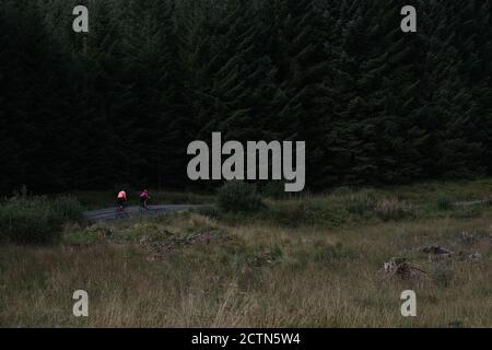 Bunt gekleidete Radfahrer genießen Schotterradfahren im Galloway Forest Park, Schottland Stockfoto