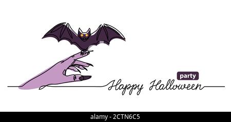 Halloween Party Webbanner mit Fledermaus. Eine kontinuierliche Linienzeichnung mit Text Happy Halloween Party. Einfacher Vektor-Hintergrund, Webbanner, Poster Stock Vektor