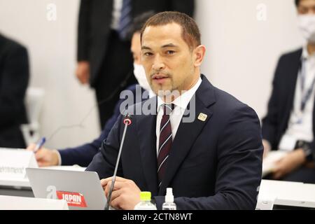Tokio, Japan. September 2020. Koji Murofushi, Sportdirektor der Olympischen Spiele 2020 in Tokio, spricht während der Videokonferenz des 10. Internationalen Olympischen Komitees (IOC) Koordinierungskommission für die Spiele der XXXII. Olympiade - Tokio 2020 in Tokio, Japan, 24. September 2020. Quelle: Du Xiaoyi/Xinhua/Alamy Live News Stockfoto
