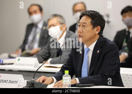 Tokio, Japan. September 2020. Daichi Suzuki, beauftragter der japanischen Sportagentur, spricht während der Videokonferenz des 10. Internationalen Olympischen Komitees (IOC) Koordinierungskommission für die Spiele der XXXII. Olympiade - Tokyo 2020 in Tokyo, Japan, 24. September 2020. Quelle: Du Xiaoyi/Xinhua/Alamy Live News Stockfoto