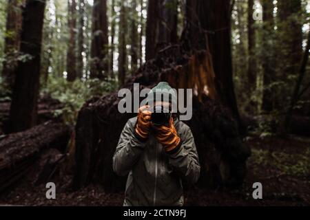 Nicht erkennbarer männlicher Reisender, der während der Aufnahme Fotos mit einer professionellen Fotokamera gemacht hat Stehen im Wald im Herbst Stockfoto