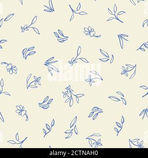 Retro-Blümchenmuster überall. Vintage Küche Volkskunst Blumenmuster. Linie Kunst Blumen auf cremefarbenen Hintergrund. Land Stil Natur Hintergrund. Perfekt für Küchengeschirr, Tapeten und Geschenkpapier. Stock Vektor
