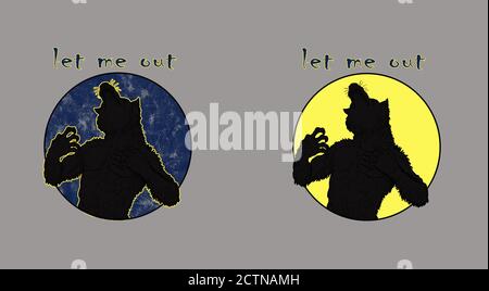 Der Werwolf heult auf den Mond - Lass mich raus. Monster Silhouette Illustration. Stockfoto