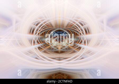 Abstrakter Hintergrund, symmetrische Linien und Rechtecke, von weichem Weiß bis hin zu klaren, bunten Linien im Kern Stockfoto