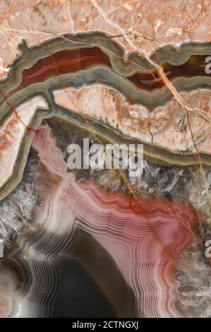 Von oben Nahaufnahme Makroaufnahme des Achates und Quarz Strukturdetail in einem Baker Ranch Thunderegg aus New Mexiko
