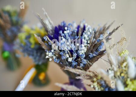 Bouquet von getrockneten, farbigen Blumen auf beigem Hintergrund. Platz für Text und Design. Grußkarte. Blumenzusammensetzung. Stockfoto