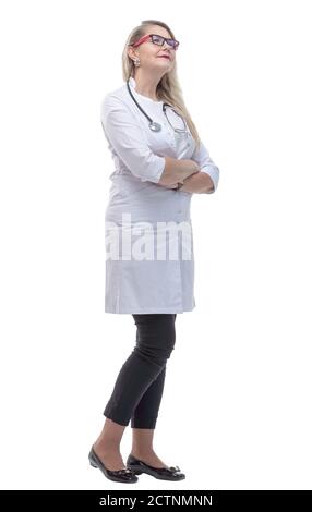 In vollem Wachstum. Lächelnde weibliche Sanitäterin mit Stethoskop. Stockfoto