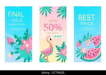 Sommer Verkauf Geschichte Poster Set für Social Media flache Vektor-Illustration. Stock Vektor