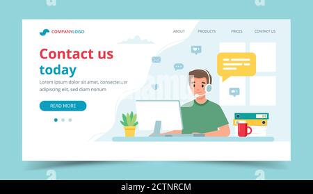 Kontaktieren Sie uns Landing Page. Mann mit Kopfhörer und Mikrofon mit Computer. Konzeptdarstellung für Support, Assistance, Call Center. Stock Vektor