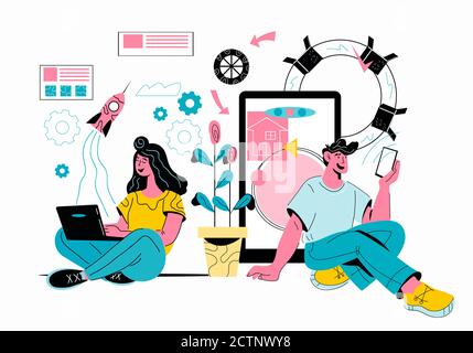 Gemeinsame Nutzung von Daten und mobile Technologie Konzeptvektor von Menschen mit Gadgets. Stock Vektor