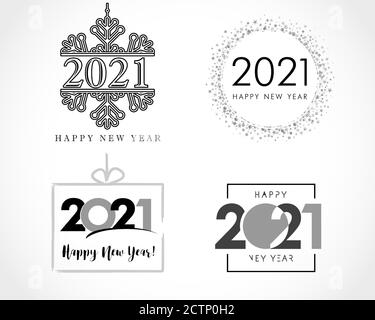 Große Sammlung von 2021 Happy New Year Signs. Set von 20 21 Neujahr-Symbole. Grußkarten-Grafik, Broschürenvorlage. Vektorgrafik schwarze Farben Stock Vektor