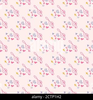 Cartoon niedlichen Kritzeleien Hand gezeichnet Musical nahtlose Muster. Farbenfrohe Details. Helle Farben Hintergrund mit Musik Symbole und Elemente Stock Vektor