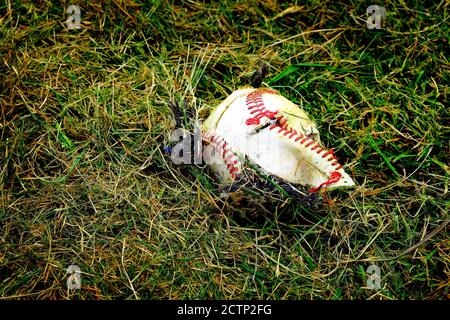 Ruinierte zerrissene Baseball gebrochenen Ball im Gras auf dem Ballfeld Stockfoto