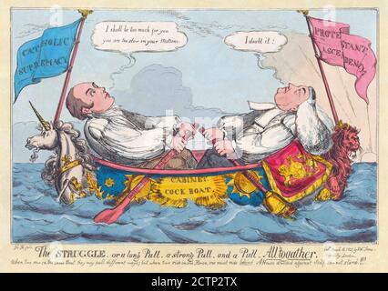 Karikatur veröffentlicht 1827 zeigt Spannungen im britischen Kabinett von Premierminister George Canning zwischen Protestanten und Katholiken. Das Römisch-Katholische Hilfsgesetz von 1829, das unter der Regierung von Premierminister F. J. Robinson, 1. Viscount Goderich, verabschiedet wurde, behandelte viele Beschränkungen, denen die Katholiken im Vereinigten Königreich gegenüberstehen. Nach einer Arbeit von Henry Heath, später bekannt als Henry Heath "Harry" Glover. Stockfoto