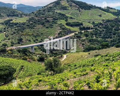 Autobahnbrücke kreuzt einen Bach im hügeligen Weinland Pyrénées-Orientales bei Collioure, Frankreich. Stockfoto