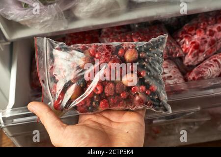 Eisige Beeren für den Winter. Verpackte gefrorene Beeren in Plastiktüten. Im Gefrierschrank. Stockfoto