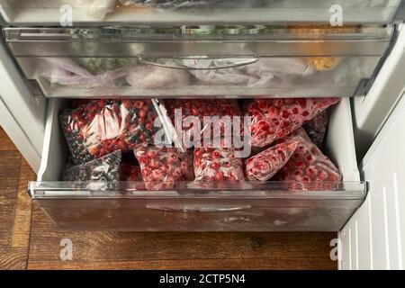 Eisige Beeren für den Winter. Verpackte gefrorene Beeren in Plastiktüten. Im Gefrierschrank. Stockfoto