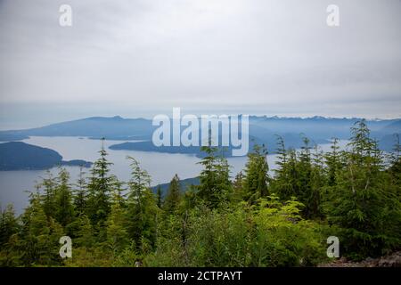 Bowen Island Aussichtspunkt an einem tristen, bewölkten, nebligen Tag von einem Aussichtspunkt auf Cypress Mountain in British Columbia, Kanada mit den Bergen, Ozean und Co Stockfoto